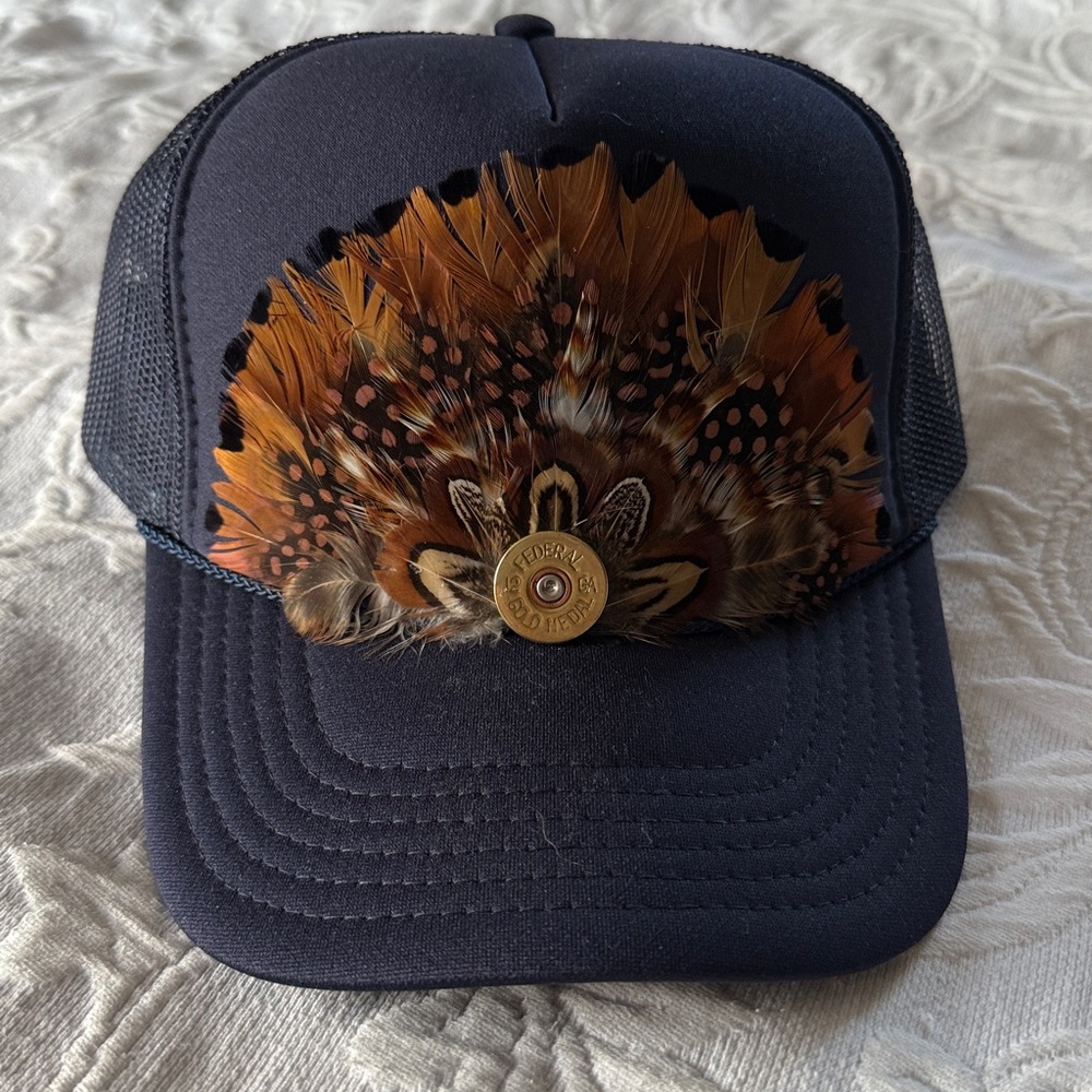 Navy Blue Brown Feather Trucker Hat Bullet Accent New
